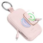 RORRY Portable Apple Watch Charger,5000mAh iWatch Wireless Charger Power Bank with Built-in Cable,Travel Keychain Charger for Apple Watch 9/Ultra2/8/Ultra/7/6/Se/5/4/3,iPhone 15/14/13/12/11(Pink)