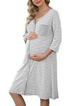 Marvmys Maternity Nightdress For Hospital Breastfeeding Nightwear 3/4 Length Sleeves Nursing Nightgown Button Down Sleep Shirt V Neck Pajama Soft Loungwear For Pregnant Women A-Light grey L