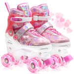 OLYSPM Kids Roller Skates for Girls with All-Over Dreamy Hearts & Luminous Wheels, Adjustable 4 Sizes,Quad skates for Beginners,Best Gifts for Birthdays Christmas?(Pink,S)