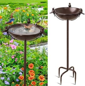 FaloStwer Freestanding Birdbaths Bowl Outdoor, Free Standing Garden Bird Bath Feeder Bowl with 3 Bird Statues, Birdbath & Birdfeeder with Metal Stake Garden Yard Lawn Decor (Brown)