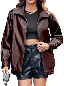 Miladusa Oversized Bomber Jacket for Women Zip Up Solid Color Leather Jackets with Pockets Dark Brown XL