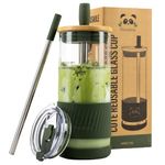 Pandaloo Glass Cups With Lids and Straws -20 Fl Oz- Perfect Size Iced Coffee Cup - Smoothie Bamboo Lid On the go Tumbler Straw (1 Count (Pack of 1), Mediterranean Olive) P001