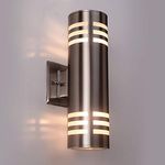 Outdoor Wall Sconce,Cylinder Porch Wall Light with Stainless Steel 304 and Toughened Glass,Waterproof Up Down Light for Garden Patio Bedroom Living Room (Silver,13" Height,No Bulbs)