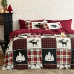 Wake In Cloud - Queen Size Comforter Set, 3-Piece, Rustic Cabin Christmas Lodge Patchwork Bear Tartan Buffalo Check Gingham Checker Burgundy Red Black, Soft Lightweight Bedding for Men Women