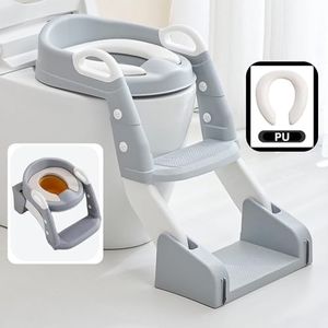 New 2 in 1 Upgraded Premium Toddler Toilet Seat for Potty Training | Portable Potty Training Seat with Step Stool Ladder for Kids | Toilet Training Seat Travel -Friendly Baby Potty Chair (Grey)