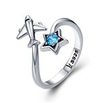 NewZenro Blue CZ Star Airplane Cute Open 925 Sterling Silver Engagement Ring Dainty Cubic Zirconia Adjustable Statement Finger Promise Eternity Rings Band Jewelry Gifts for Women Her Birthday Sister,