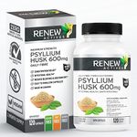 Renew Actives Organic Psyllium Husk Capsules - 600mg, Natural Soluble Fiber Supplement for Digestive Health, Constipation Relief & Inner Cleanse. Gluten-Free, Non-GMO & Vegan Made in Canada - 120 Capsules