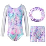 Hovershoes Gymnastics Leotards for Girls Long Sleeve/Sleeveless Sparkle Gymnastics Bodysuit with Shorts & Hairband Set Athletic Ballet Dance Dress Outfit Unitard (O, 7-8 Years)