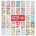 Christmas Stickers Decorating Bulk Pack Xmas Sale - OVER 600 Self Adhesive Paper Stickers - Merry Xmas Crafting, Scrapbook, Gift, Present, Party Bag Filler, Card Making Supplies for Kids