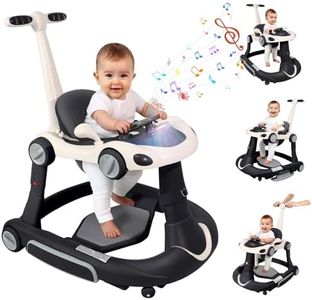 Baby Walker, 4-in-1 Baby Walker with Wheels Portable, Foldable Infant Toddler Walker for Boys Girls 6-18 Month,Removable Footrest,Car Steering Wheel & Music, Adjustable Push Walker Black