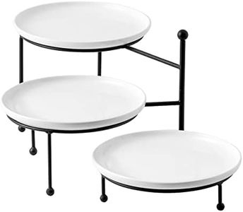 Kanwone 3 Tiered Serving Stand with White Porcelain Plates, Tiered Tray Stand, 10" x 10" Tier Serving Trays with Black Metal Stand for Entertaining, 3 Tier Dessert Stand