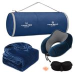 urnexttour Travel Pillow and Blanket Set Neck Pillows Travel Essentials with Sleep Mask for Airplane Sleeping Car Memory Foam Blue