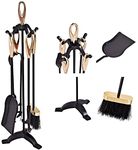 TANGZON 5 Piece Fireplace Companion Set, Wrought Iron Fire Tools with Tong, Shovel, Brush & Poker, Indoor Outdoor Fireside Accessories Kit (4 Hooks, Brass + Black)