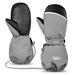 MCTi Kids Mittens Waterproof Winter Ski Warm Sherpa Lined Long Cuff with String Gray XS