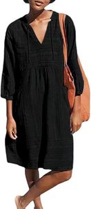 Womens V Neck Cotton Casual Loose Shift Tunic Smock Summer Dresses Vacation Dress 3/4 Sleeve Pocket (AU, Alpha, X-Large, Regular, Regular, Black)