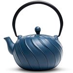 Tea Kettle, TOPTIER Japanese Cast Iron Teapot with Stainless Steel Infuser, Cast Iron Tea Kettle Stovetop Safe, Wave Design Teapot Coated with Enameled Interior for 30 Ounce (900 ml), Navy Blue