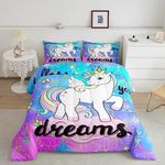 Girls Unicorn Comforter Set Twin,Cute Dreamy Horse Unicorn Bedding Set Teal,Cartoon Magical Animal Down Comforter,Rainbow Mermaid Scales Glitter Quilt Unicorn Kawaii Room Decor Pink Purple