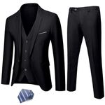 MY'S Men's 3 Piece Solid Suit Set, One Button Slim Fit Jacket Vest Pants with Tie, Black