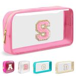 Mini Clear Personalized Initial Makeup Bag, Nylon Preppy A-Z Chenille Letter Patch Zipper Cosmetic Bag, Small Cute Pouch Travel Coin Purse Toiletry Bag, Small-Pink, S