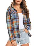 Enjoyoself Womens Plaid Flannel Shirts Casual Roll up Long Sleeve Boyfriend Button Down Checkered Shirt, Blueorangegreen, Large