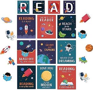 Outus 23 Pcs Reading Classroom Decorations Set Reading Themed Library Posters Reading Bulletin Board Outer Space Read Wall Decor Cutouts for School Classroom Reading Corner Library Wall Decor Supplies