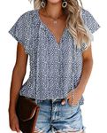 Mansy Women's Casual Floral Print V Neck Ruffle Short Sleeve Summer Shirts Tops Loose Blouses, A-03-navy, Medium