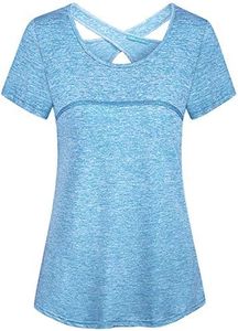 Kimmery Woman Short Sleeve Round Neck Criss Cross Back Yoga Shirt, Light Blue, Medium