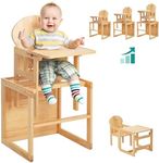 FUNLIO Wooden High Chair, 2-in-1 Convertible HighChair for Toddlers 0.5-6 Years, Height Adjustable for Babies,Premium Solid Wood with Detachable Tray/Cushion/Safety Belt, CPC Approved