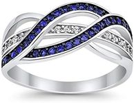 Half Eternity Weave Knot Ring Crisscross Crossover Simulated Blue Sapphire Round CZ 925 Sterling Silver, Size-6