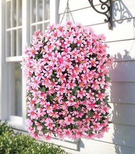 Hoppwodd Artificial Flowers Plants for Outdoor with Basket, 4PCS Silk Hanging Faux Flowers Long Trailing Vines for Outside Home Porch Patio Decoration, Pink