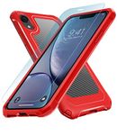 Dewfoam Compatible iPhone Xr Case Phone with Tempered Glass Screen Protector and Carbon Fiber Back Panel 4 Corners Shockproof Protection for iPhone Xr Cover (Red)