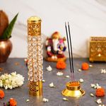 Webelkart Traditional Brass Crystal Incense Holder| Agarbatti Stand with Ash Catcher Incense Holder Stick Holder for Pooja, Decor Burner for Home Office Decoration (11.5" Inches)