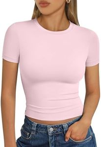 Trendy Queen Womens Basic T-Shirts Scoop Neck Short Sleeve Crop Tops Cute Summer Tops Slim Fit Tees Y2k Clothing 2024 Pink M