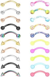 Sanfenly 16G 20Pcs Stainless Steel Eyebrow Rings Lip Ring Barbell Curved Ring Tragus Daith Rook Earring Acrylic Piercing Jewelry for Women Men