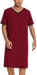 Ekouaer Plus Size Sleepshirts Mens Casual Loungewear Short Sleeve Pajama Tops Long Henley Sleep Shirt,Wine Red,XXXL