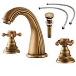 Gecious Widespread Bathroom Faucet Antique Brass Two Handle 3 Holes with Pop-up Drain and Hoses,Cross Handle, Basin Mixer Tap Three Holes, 8''-16” Widespread, Sink Lavatory Faucet