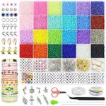 Hbnlai 17000 pcs 2mm Glass Seed Beads for Jewelry Making Kit, Small Beads Friendship Bracelets Making Kits, Tiny Waist Beads Kit with Evil Eye Letter Beads and Elastic String, DIY Art Craft Girls Gifts