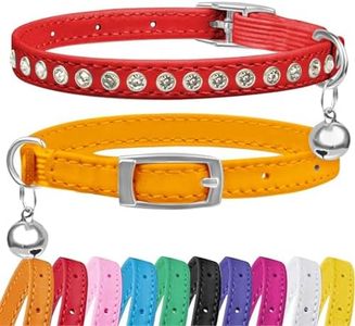 Petinstinct 2 Pack Cat Collars with Bells, Rhinestones Leather Cat Collar with Elastic Strap, Kitten Collar, Adjustable Diamond Cat Collar for Girl Boy, 7.5" - 11.5", Brown and Red