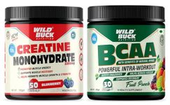 WILD BUCK Creatine Monohydrate, 100% Pure Creatine, Energy Support Supplement [50 Servings, Blueberry] + Bcaa Powder With Natural & Powerful Herbs For Women & Men [Fruit Punch, 30 Servings, 300G]