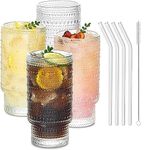 EthCat Ribbed Drinking Glasses, Glass Cups with Straws 11oz Set of 4, Vintage Ribbed Glassware for Water Whiskey Beer Cocktail Glasses, Iced Coffee Cup, Cute Glass Cups (Transparent Spots)