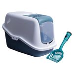 Combo of Savic Nestor Jumbo Cat Toilet Home, Litter Box - Nordic Green (26 x19x18) and Trixie Plastic Clumping Litter Scoop with Dirt Bags (Color May Vary)