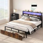 DWVO Storage Bed Frame Queen Size, LED Bed Frame with Storage Headboard & Charging Station, Upholstered Platform Bed with 2 Drawers, No Box Spring Needed, Easy Assembly, Vintage Brown and Grey