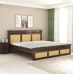 GHROYAL Solid Wood King Size Cane Bed Without Storage|Wooden Cot Double Bed with Headboard Cushion Planag Furniture for Bedroom Living Room Home Hotel (Walnut Finish)