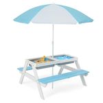 DORTALA Kids Picnic Table, 3-in-1 Water & Sand Activity Table with Height Adjustable Umbrella & Removable Tabletop, Outdoor Wooden Bench & Table Set for Toddler, for Garden, Yard & Patio, Blue