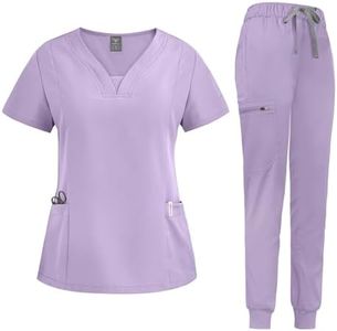 niaahinn Scrub for Women Set Modern V-neck Scrub Top & Jogger Pants with Drawstring, Yoga Waistband, Anti Wrinkle (Lavender, X-Small)