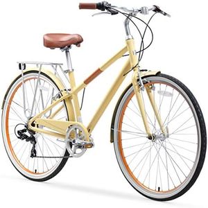 sixthreezero Reach Your Destination Women's Road Bike, 7 Speed Adult Hybrid Bicycle with Rear Rack, 28 Inch Wheels, Cream