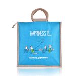 Kuber Industries Grocery Bag | Jute Carry Bag | Lunch Bags for Office | Zipper Grocery Bag with Handle | Vegetable Shopping Bag | Blue Happiness | Medium | Brown