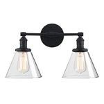 Phansthy Industrial Wall Lights Fitting with Switch 2 Lights Indoor Wall Sconces Vintage Wall Light Fixtures Funnel Glass Shade Loft Wall Lamps Perfect for Bedroom Vanity Mirror (Black)