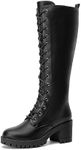 EETTARO Women's Lace Up Knee High Boots Fashion Chunky Block Heel Lug Sole Motorcycle Riding Side Zipper Boot, Black Pu, 8