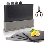 Myiosus Chopping Board Set, 4pcs Colour Coded Chopping Boards for Kitchen with Stand & Food Icons, Index Plastic Cutting Board Mats for Meat, Fruits, Vegetables, 31.5x21.5cm Black